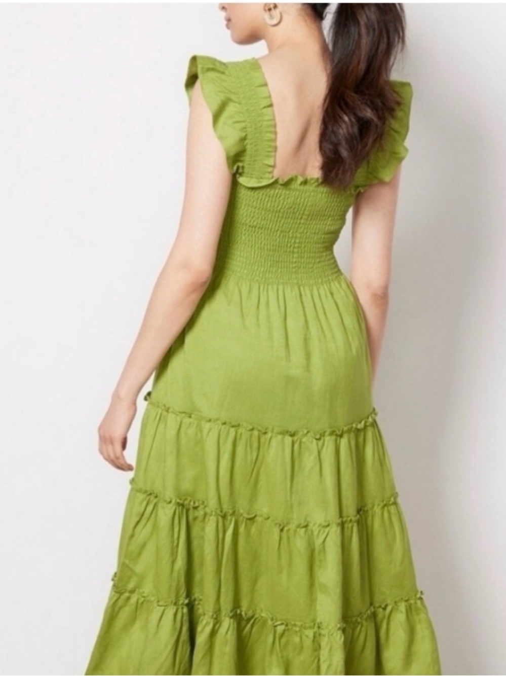O.P.T. Calypso green tiered ruffle smocked linen blend dress women’s XS - Picture 3 of 10